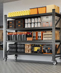 Super Beefy 4 Tier Rolling Garage Shelving Rack With Wheels For Heavy Duty Mobile Storage And Multipurpose Home Setup Easy Adjustable Layer Rows crafted with boxes and tools.