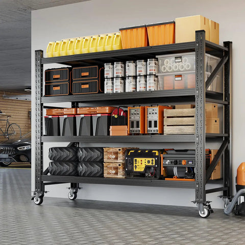 Super Beefy 4 Tier Rolling Garage Shelving Rack With Wheels For Heavy Duty Mobile Storage And Multipurpose Home Setup Easy Adjustable Layer Rows crafted with boxes and tools.