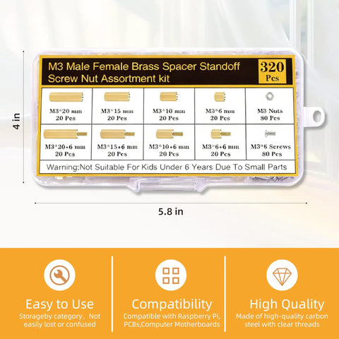 Clear box containing 320-piece M3 brass standoffs and screws nuts with spacers for DIY electronics, labeled measurements, 5.8x4 inches