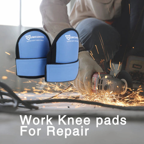 Waterproof Leatherette Knee Pads for Men in dusty work setting with sparks, soft foam, extra wide straps, construction support gear