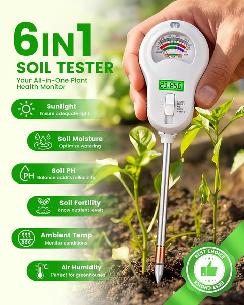 6 In 1 Soil Tester With Three Probes For Moisture, PH, Fertility, Sunlight, Temperature And Humidity in a garden