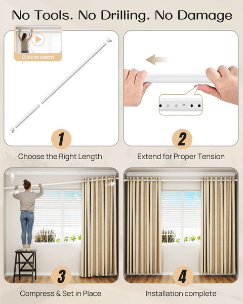 Extra Long Tension Curtain Rod No Drill 82 To 123 Inch Heavy Duty Spring Loaded for Shower Window 1.26 Inch Diameter White