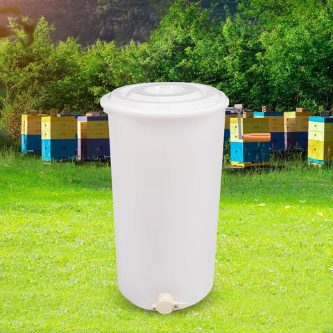 Two-Frame Manual Honey Extractor for Beekeeping, Durable Plastic Centrifuge Tool, White, Easy Grip S-Shaped Handle, Ideal for Home or Store Honey Harvesting, 15.75 by 28.35 Inches, front view