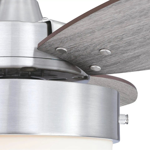 Close-up of Alloy Modern LED Ceiling Fan With Light For Small Rooms Up To 100 Sq Ft 42 Inch Indoor Brushed Nickel Ceiling Fan With Reversible Weathered Oak And Walnut Blades Opal Frosted Glass Light Kit Downrod Only