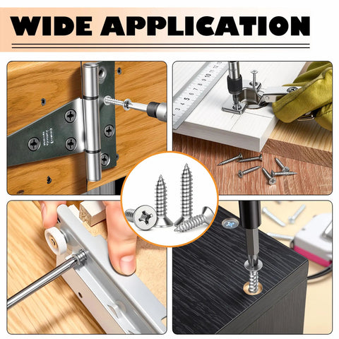 Heavy Duty 304 Stainless Steel Screws Assortment Kit With Flat Head Wood Screws used in various DIY applications.