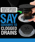 Bathtub Drain Hair Catcher And No Sweat Clog Prevention Protector For Standard Tubs, matte black design catching hair and debris.