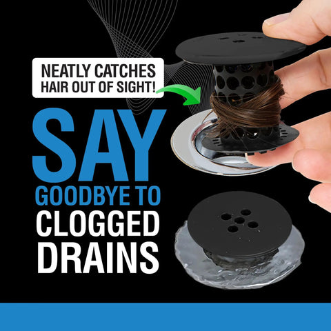 Bathtub Drain Hair Catcher And No Sweat Clog Prevention Protector For Standard Tubs, matte black design catching hair and debris.