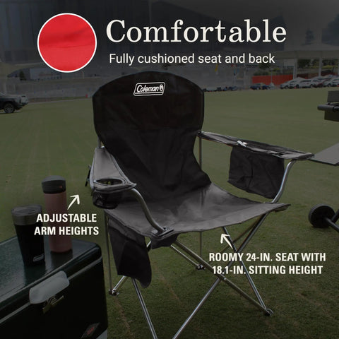Portable Camping Chair With Built In Four Can Cooler, Cushioned Seat And Back, Handy Side Pockets And Cup Holder in a field