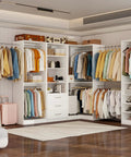 Straight Up Modular Closet Organizer System In Crisp White Featuring Nine Hanging Rods Eight Shelves Three Deep Drawers And A Smart Corner Module in a spacious layout.