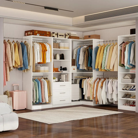 Straight Up Modular Closet Organizer System In Crisp White Featuring Nine Hanging Rods Eight Shelves Three Deep Drawers And A Smart Corner Module in a spacious layout.