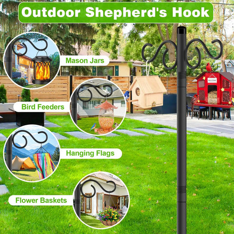 Two Pack 90 Inch Bird Feeder Pole With Five Prongs Base Heavy Duty Double Shepherds Hooks for garden hanging lanterns and pots