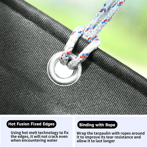 Close-up of Beefy Ultra Heavy Duty Tear Resistant Canvas Tarpaulin 10x12 Ft with 28 mil coating, grommets, and reinforced edges