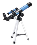 Portable Telescope For Kids And Astronomy Beginners 40 By 400 With Tabletop Tripod And Two Eyepieces Finderscope Compass Space Gift For Stargazing For Night Sky Observation, blue telescope on silver tripod