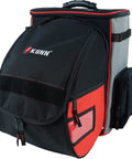 Welding Backpack With Detachable Helmet Bag And Built In Lunch Tote For Easy On The Job Site Storage Of Welding Gear Ultra Durable Tool Carrier With Padded Back And Straps Red, showing front and side pockets