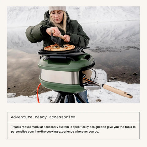 Person cooking with Tread Portable Pizza Oven Olive With Lateral Gas Burner Quick Heat Up Makes 12 Inch Pizzas Lightweight Yet Rugged