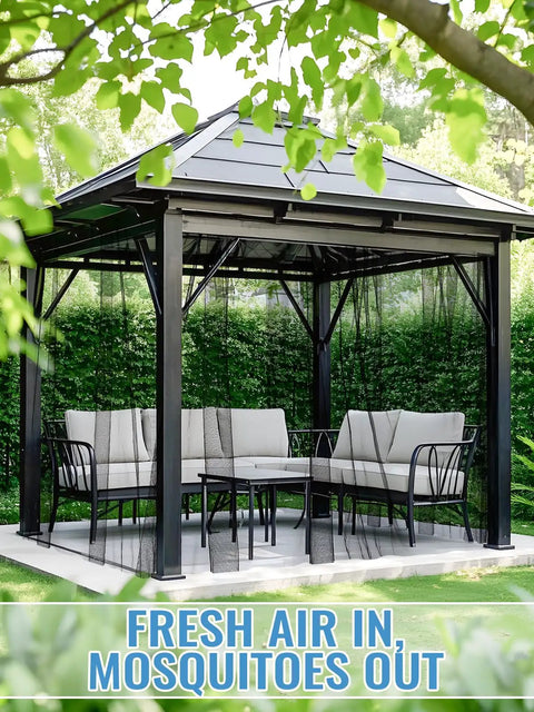 Two Pack Nearly Invisible Mosquito Net For Patio 13 By 10 Feet Mesh Screen installed on outdoor gazebo, black