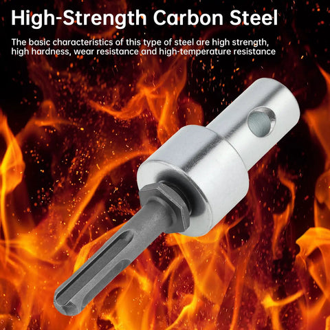Garden Auger Drill Adapter Kit Lets You Run 4-Inch And 6-Inch Earth Augers On Any Half-Inch Corded Or Cordless Drill With A 20mm Round Chuck Connection Includes SDS Plus Shank And Square Shank Carbon Steel Construction showing high-strength carbon steel detail.
