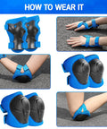 Kids 3 In 1 Protective Gear Set Knee Pads Elbow Pads And Wrist Guards For Ages 7 To 13 Blue with PVC Shells and Velcro Straps.