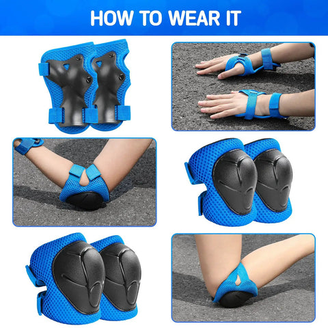 Kids 3 In 1 Protective Gear Set Knee Pads Elbow Pads And Wrist Guards For Ages 7 To 13 Blue with PVC Shells and Velcro Straps.