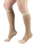 Womens Knee High Compression Stockings 15 To 20 Mmhg Sheer Nude Nylons 20 Denier Open Toe support hose shown on legs.