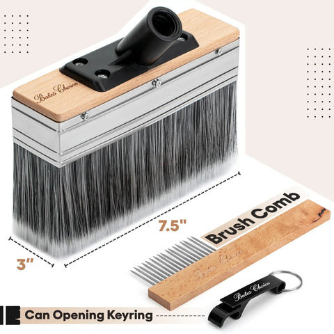 Deck Stain Brush 7.5 Inch Wood Stain Applicator With Premium Synthetic Bristles, brush comb, and keyring for decks and fences.
