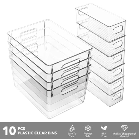Straighten Up Your Space With This Solid 10 Piece Set Of Clear Plastic Storage Bins Featuring 4 Large And 6 Small Stackable Containers Made For Effortless Pantry Organization Home Kitchen Bathroom Cabinet Shelf Storage Hacks