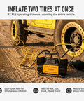 Heavy Duty 12V Air Compressor For 4X4 Trucks Portable dual cylinder tire inflator in use inflating two tires with a long hose.