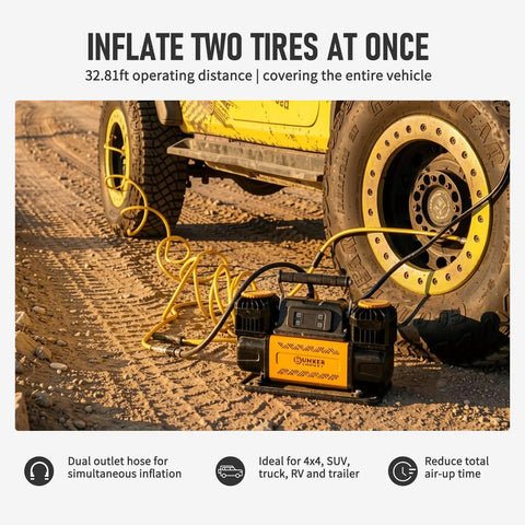 Heavy Duty 12V Air Compressor For 4X4 Trucks Portable dual cylinder tire inflator in use inflating two tires with a long hose.