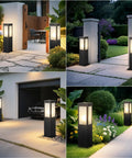 Modern Outdoor Bollard Pathway Lights Rock Solid Black Aluminum Yard Walkway Lamps With Waterproof White Glass Hardwired E26 Base illuminating garden pathways.