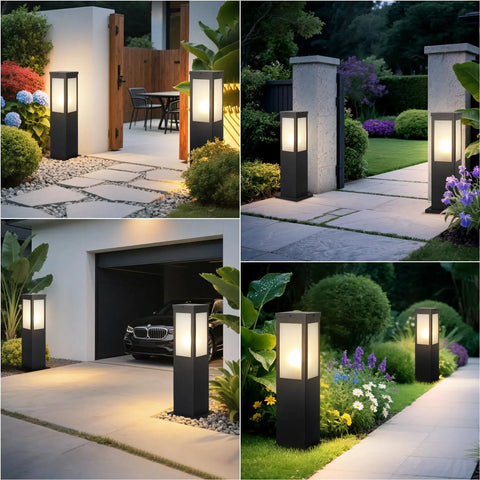 Modern Outdoor Bollard Pathway Lights Rock Solid Black Aluminum Yard Walkway Lamps With Waterproof White Glass Hardwired E26 Base illuminating garden pathways.