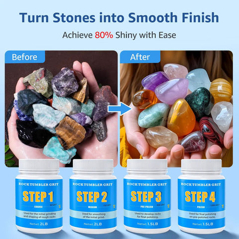 Image showing before and after effects of 10Lb Rock Tumbler Grit And Polish Refill Kit With 4 Step Grits For Up To 70 Lbs Rocks.