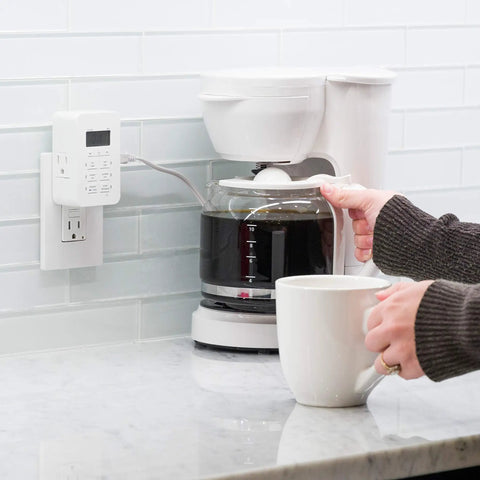 Plug In Digital Timer With Two Grounded Outlets And Seven Day Programming by coffee maker in a kitchen setup, easy automation.