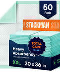 Extra Large Disposable Bed Pads 30 By 36 Inches 50 Pack Super Absorbent Incontinence Underpads stacked with label.
