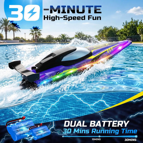17 Inch High Speed RC Jet Boat With Self Righting Design And Nine LED Lights, dual batteries, running in a pool