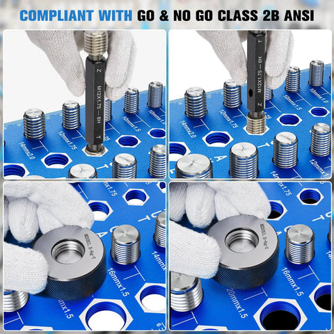 Collage view of 68 Nut and Bolt Thread Checker with 26 SAE, 26 Metric, and 16 drill-bit gauges on a blue plate