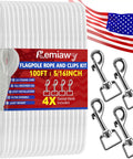 100 Ft Nylon Flag Pole Rope Kit 5/16 Inch Halyard Replacement With 4 Zinc Alloy Snap Hooks And Clips, shown with USA flag and pole