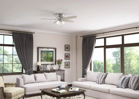 52 Inch Indoor Ceiling Fan With LED Lights, Pull Chain, Low Profile Flush Mount, 5 Blade Brushed Nickel Finish For Living Room