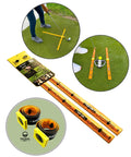Pocket Size Golf Alignment Sticks And Swing Aid With Modular Ruler System For Fixing Slice Takeaway Stance Putting And Posture Travel Friendly Indoor Outdoor Training Tool For On The Go Practice, showing alignment setup on grass with packaging.