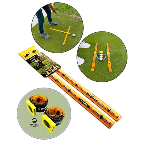 Pocket Size Golf Alignment Sticks And Swing Aid With Modular Ruler System For Fixing Slice Takeaway Stance Putting And Posture Travel Friendly Indoor Outdoor Training Tool For On The Go Practice, showing alignment setup on grass with packaging.