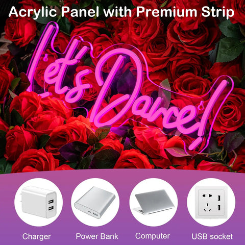 Lets Dance Neon Sign Pink LED Word Light for Weddings and Parties, set against a background of red roses, acrylic backboard visible.