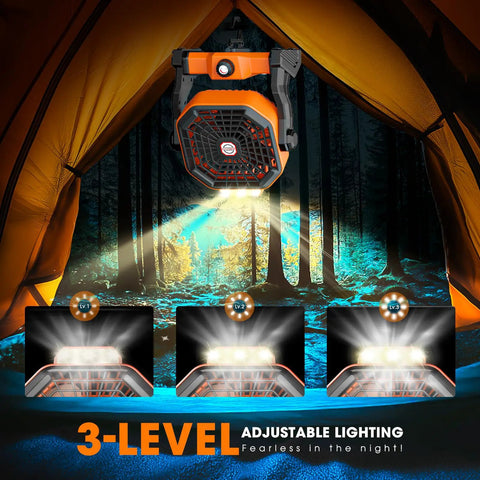 Rechargeable Solar Camping Fan With Led Lantern, 8-Inch Portable Outdoor Fan showing adjustable lighting in a tent setting