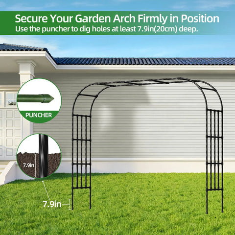 Ultra Wide Garden Arch Trellis 11.75ft By 8.53ft Sturdy Metal Outdoor Arbor installed on lawn, secured with ground punches
