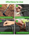 Collage demonstrating the use of Tough As Nails Weed Barrier Fabric 4x300ft Landscape Geotextile Ground Cover Mat with planting and securing steps.