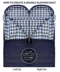 Ultra Roomy Adult Sleeping Bag For Cold Weather Navy Blue With Right Zip open to show flannel lining