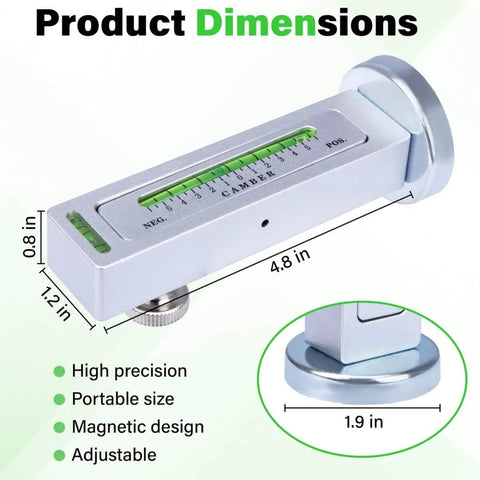 Universal Wheel Alignment Tool With Magnetic Camber Gauge, Adjustable from -5° to +5°, showing dimensions and magnetic base.