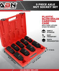1/2 Inch Drive 6-Point Go-To Thin Wall Axle Nut Socket Set 9-Piece Metric Kit in red molded carrying case