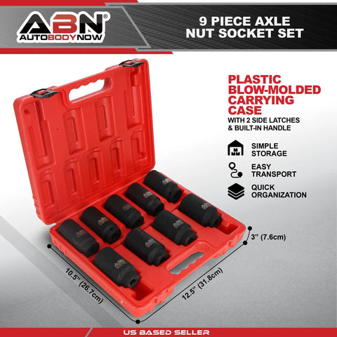 1/2 Inch Drive 6-Point Go-To Thin Wall Axle Nut Socket Set 9-Piece Metric Kit in red molded carrying case