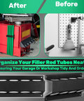Welding Rod Storage Rack Kit With Four Slot TIG Filler Rod Holder and 40 Inch Tube Organizer in workshop setting