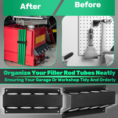 Welding Rod Storage Rack Kit With Four Slot TIG Filler Rod Holder and 40 Inch Tube Organizer in workshop setting