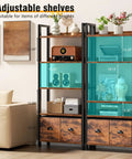 Badass Heavy Duty Five Tier Bookshelf With Deep Storage Drawers, Tall Industrial Wood Metal Display Rack, Rustic Brown Finish, adjustable shelves for various items.